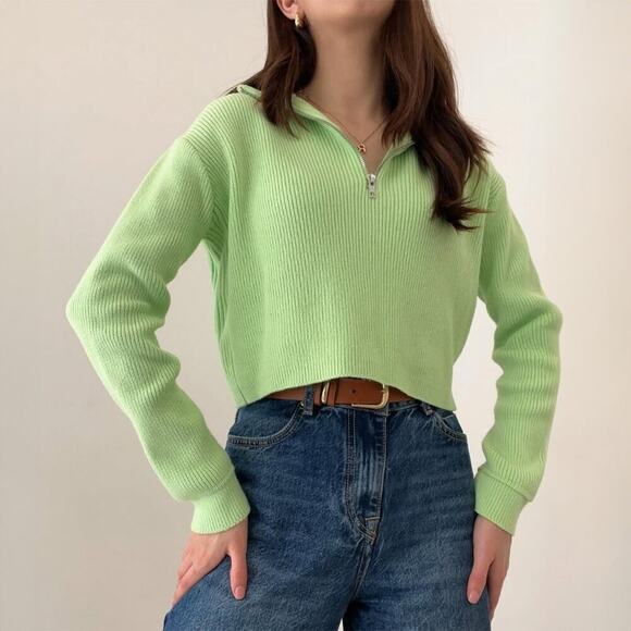 Urban Outfitters Mint Ribbed Cropped Half Zip Pullover Size M - Picture 1 of 5